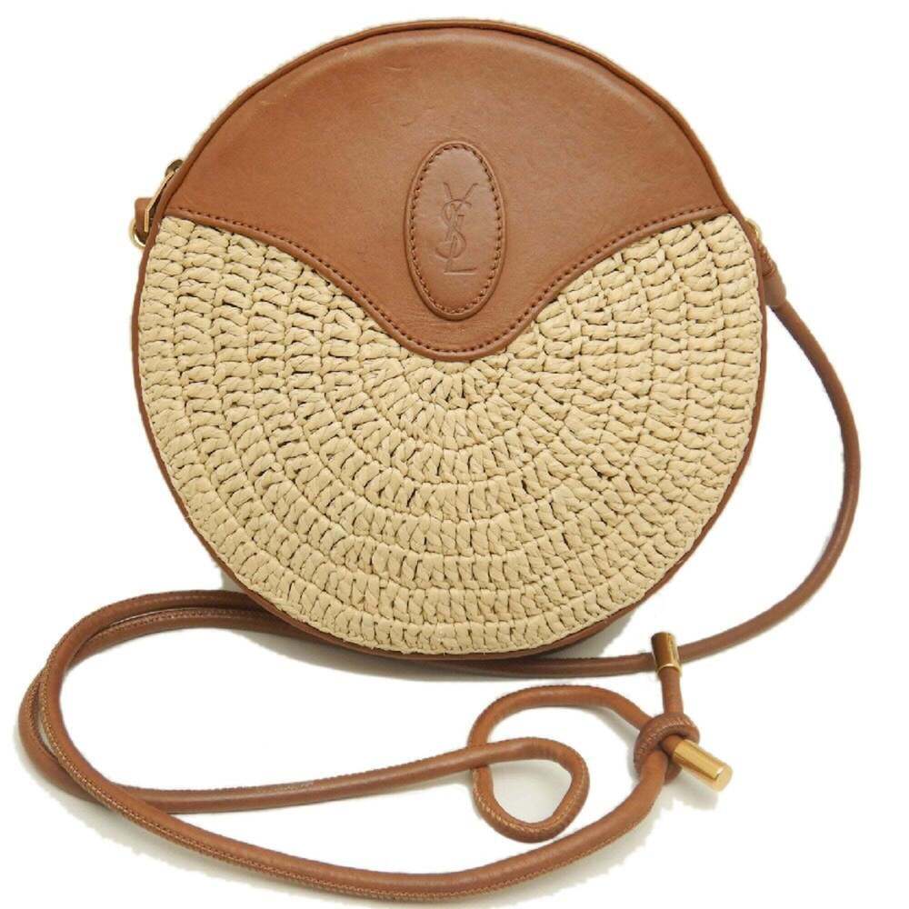 YVES SAINT LAURENT Round Camera Bag 685883 Shoulder Raffia x Leather Brown Na...